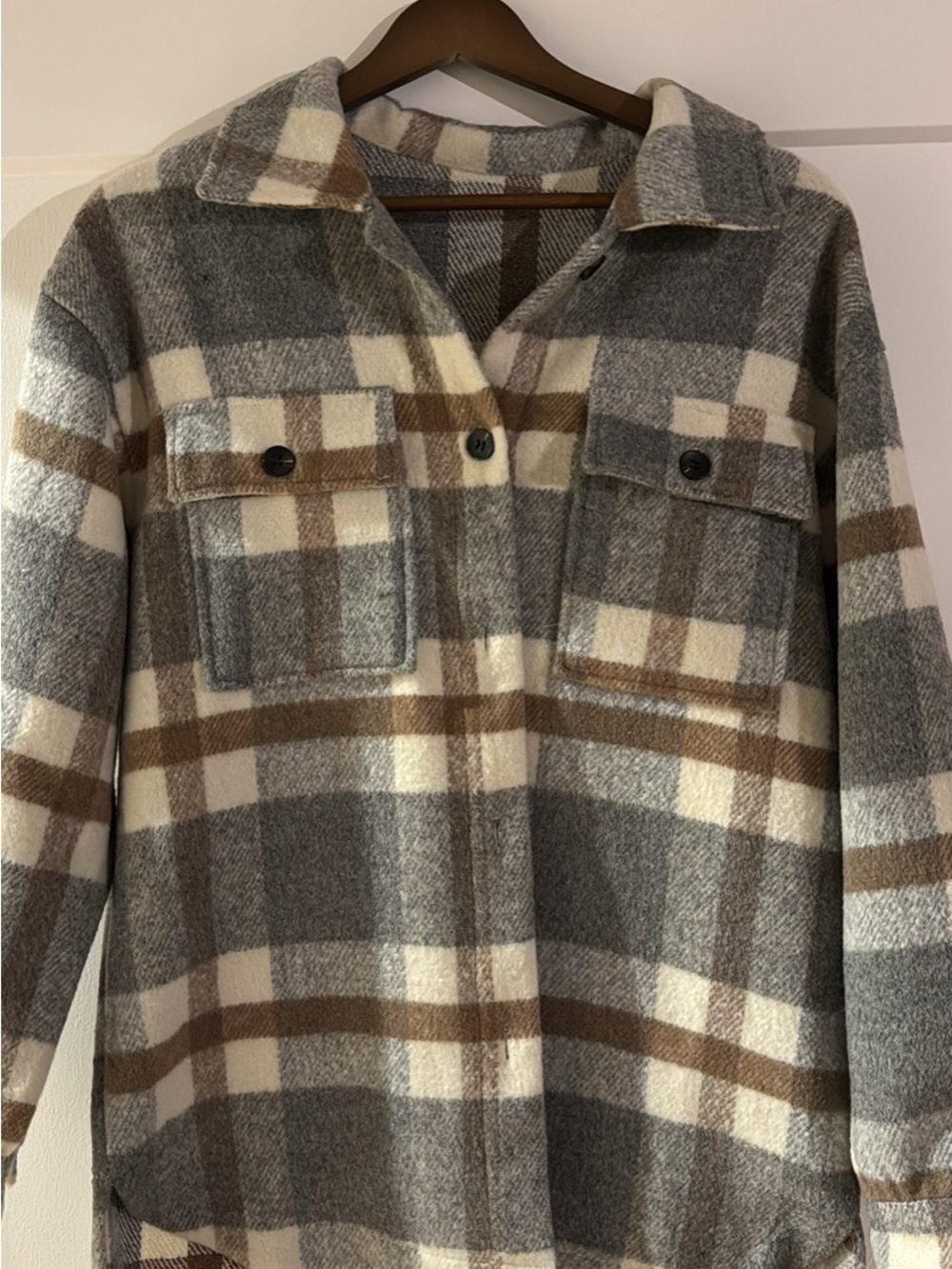 Amazon Plaid Utility Shacket in Gray, Cream & Brown
